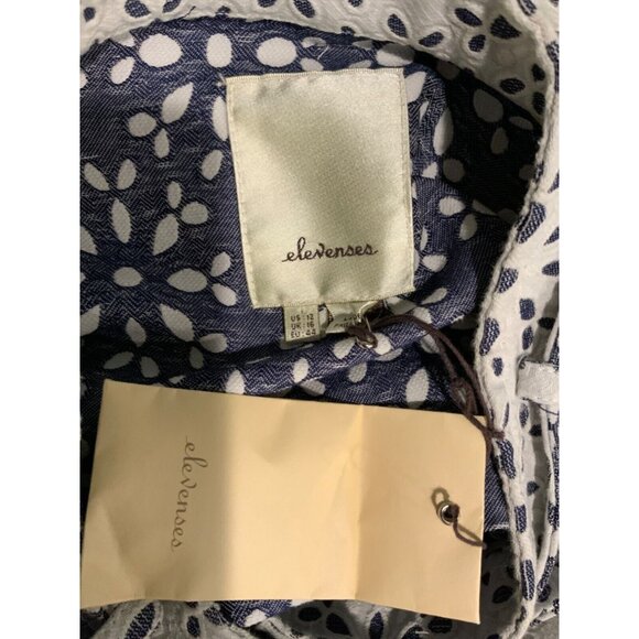 Elevenses White & Chambray Floral Eyelet Patterned Peplum Trench Jacket, Size 12 - Picture 8 of 8